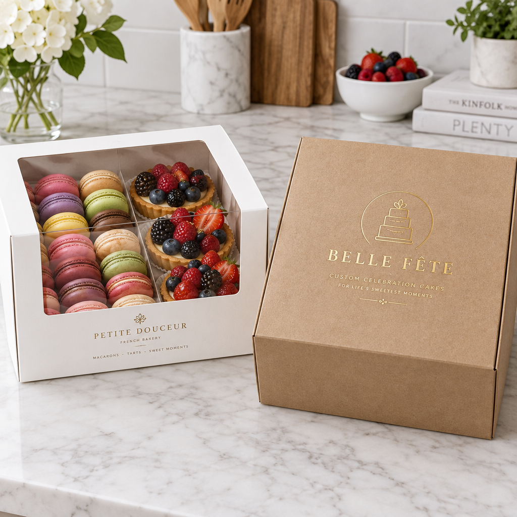 Clear window custom bakery box with macarons versus solid kraft paperboard cake box comparison