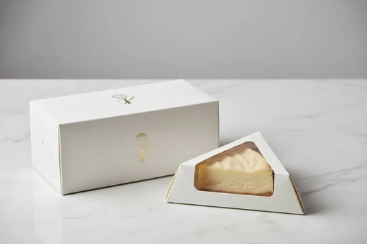 Custom printed triangle cake slice box with clear window lid and fold-open kraft bakery box, wholesale dessert packaging by YongFa Packaging