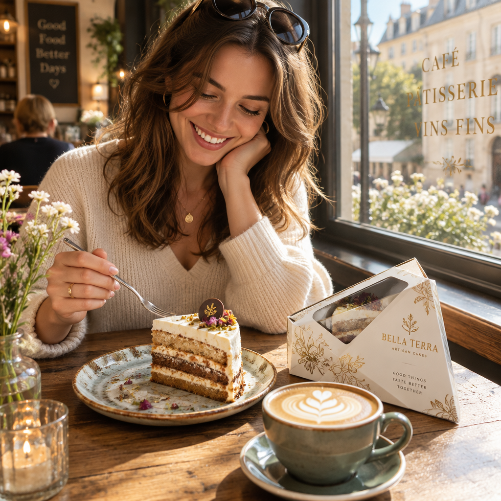 Customer enjoying artisan cake slice with custom printed bakery takeout box and latte at cafe window table
