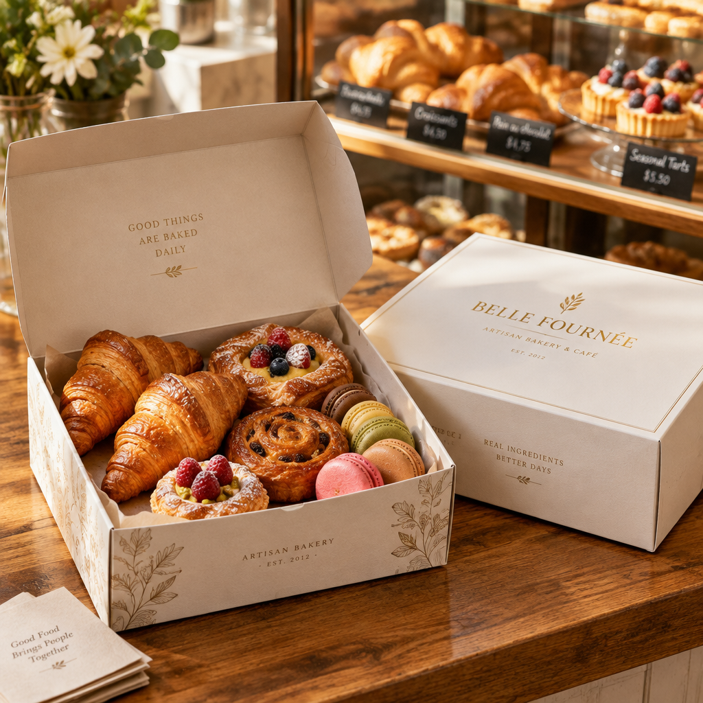 Custom bakery boxes on boutique bakery counter with artisan cakes and pastries