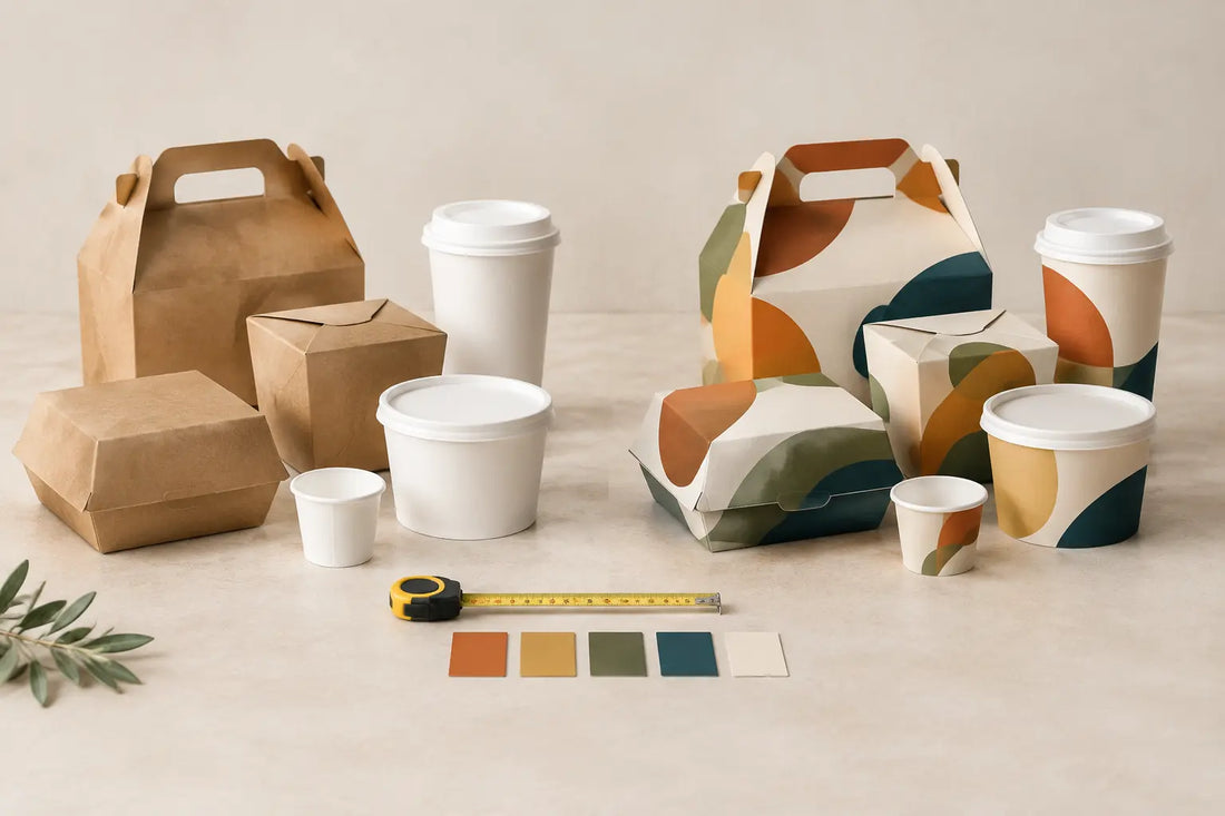Plain stock takeout boxes and paper cups beside custom printed packaging samples, with a tape measure and color swatches