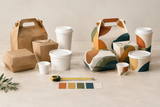 Plain stock takeout boxes and paper cups beside custom printed packaging samples, with a tape measure and color swatches