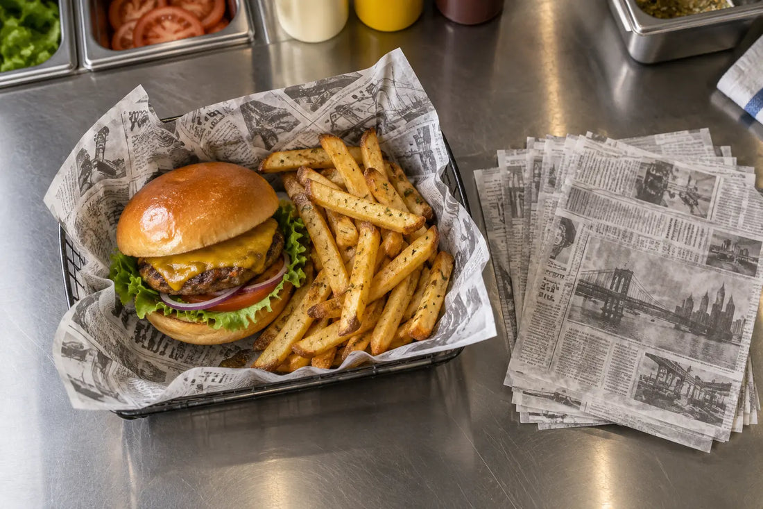 Newspaper print deli wrap paper 15 x 11 in lining a burger basket, wholesale greaseproof food liners