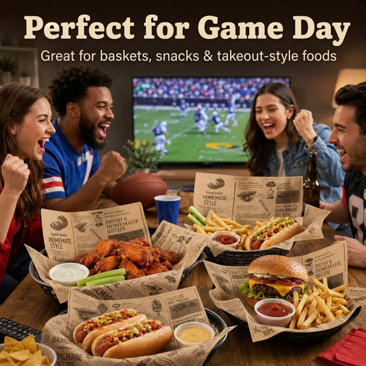 Friends enjoying Game Day food served in baskets lined with rustic deli wrap paper