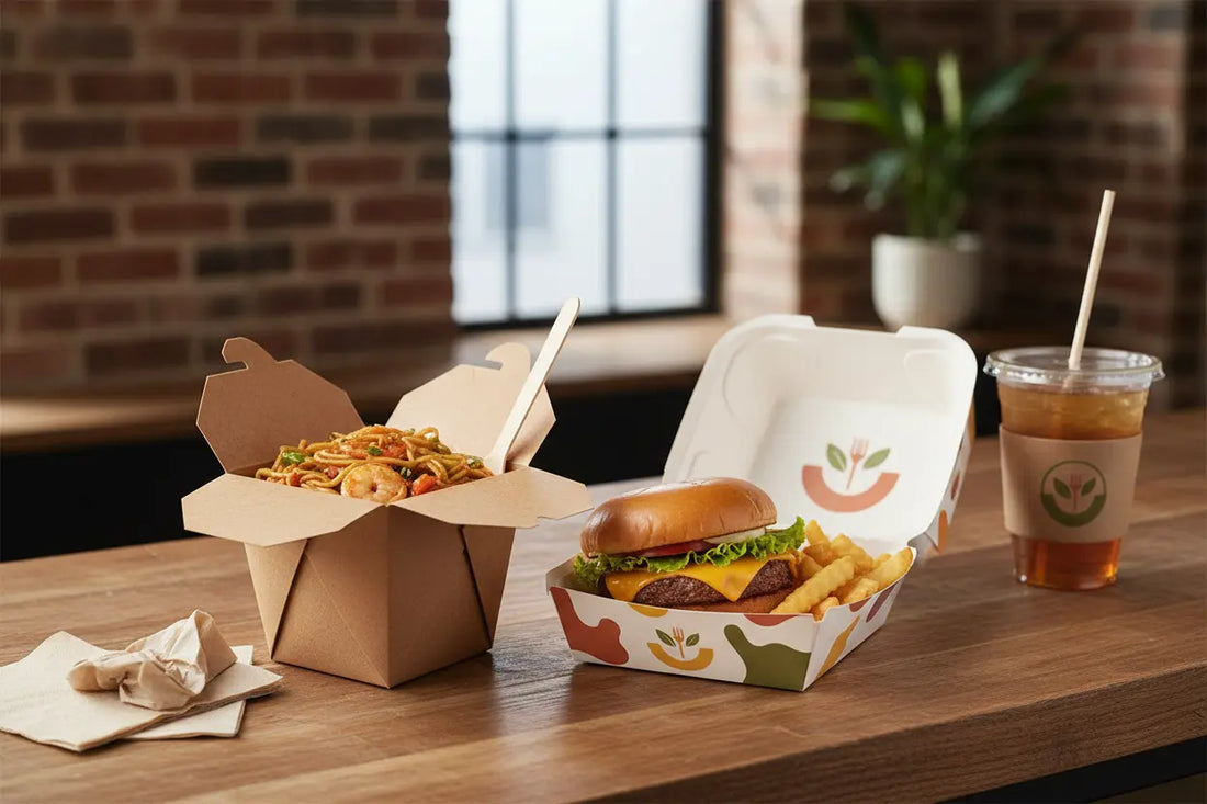 Custom printed kraft paper fold-top noodle box and hamburger clamshell box for restaurant takeout, wholesale food packaging by YongFa
