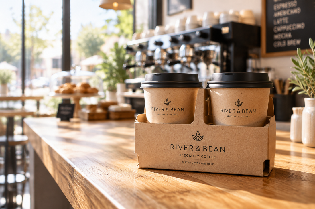 Specialty coffee shop wooden counter with branded kraft double-cup takeaway carrier