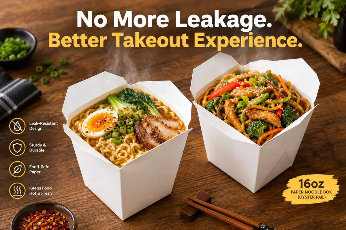No More Leakage. Better Takeout Experience. — 16oz leak-proof paper noodle boxes with ramen and stir-fried noodles, ideal for restaurant and takeout use