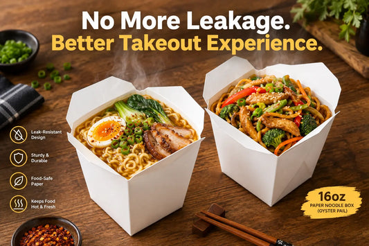 No More Leakage. Better Takeout Experience. — 16oz leak-proof paper noodle boxes with ramen and stir-fried noodles, ideal for restaurant and takeout use