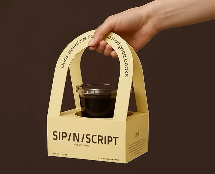 Custom printed double coffee cup carrier with handle by YongFa Packaging, kraft paper drink holder for coffee and takeaway.