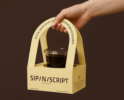 Custom printed double coffee cup carrier with handle by YongFa Packaging, kraft paper drink holder for coffee and takeaway.