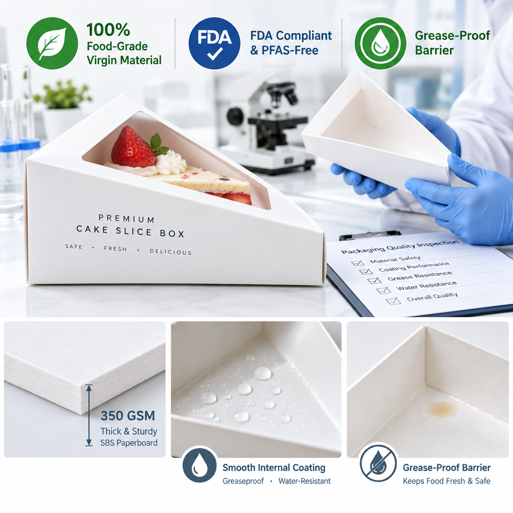 Food-grade virgin paperboard material with grease-resistant barrier and interlocking tab fold structure for bakery boxes