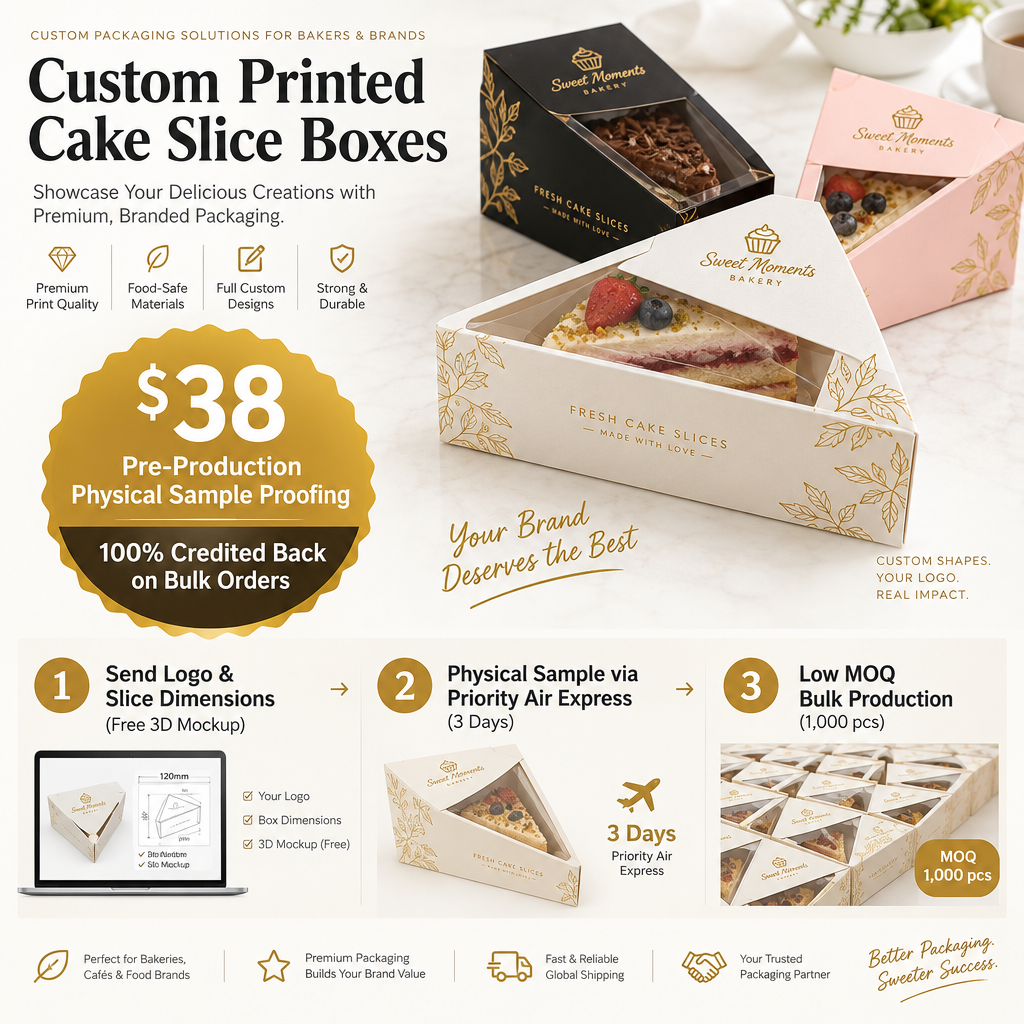 38 dollar physical sample proofing credited on bulk order and 3 step custom bakery cake slice box production workflow