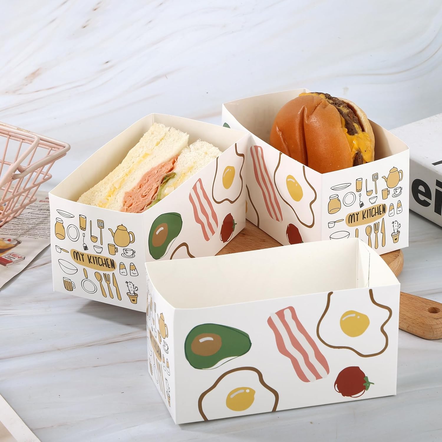 Eco-friendly disposable paper takeout sandwich boxes with custom logo from YongFa Packaging, perfect for food delivery and catering.