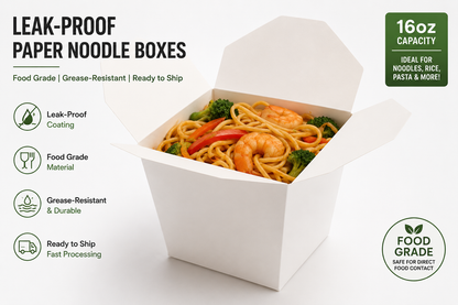 Leak-proof paper noodle boxes by YongFa Packaging, featuring sturdy, white takeaway containers designed for hot food.