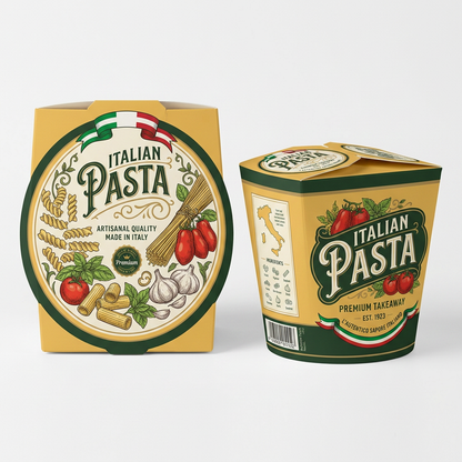 Custom 16oz paper noodle boxes from YongFa Packaging, leak-proof takeout containers with dual PE coating for Italian pasta.