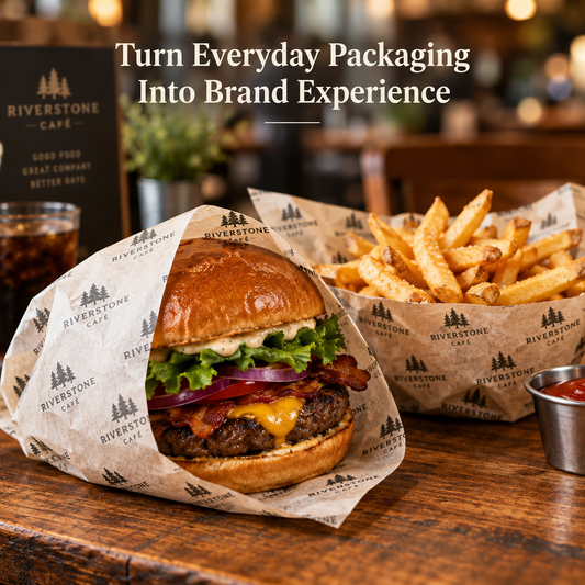 Artisan burger and fries wrapped in custom printed deli paper