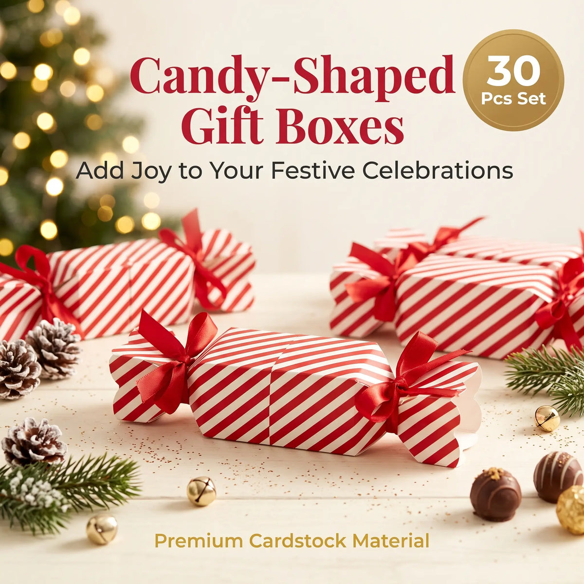 Close-up of candy cane striped paperboard folding box with red satin ribbon bow tie