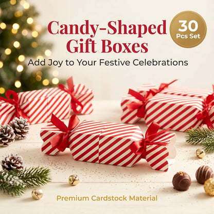 Close-up of candy cane striped paperboard folding box with red satin ribbon bow tie
