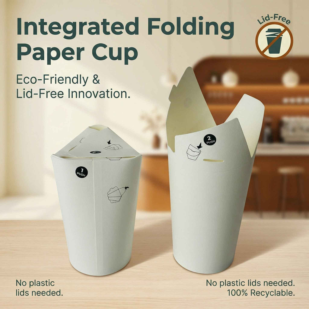 Sustainable takeaway coffee cups with built-in lid, compostable food packaging shipping to North America and Europe.