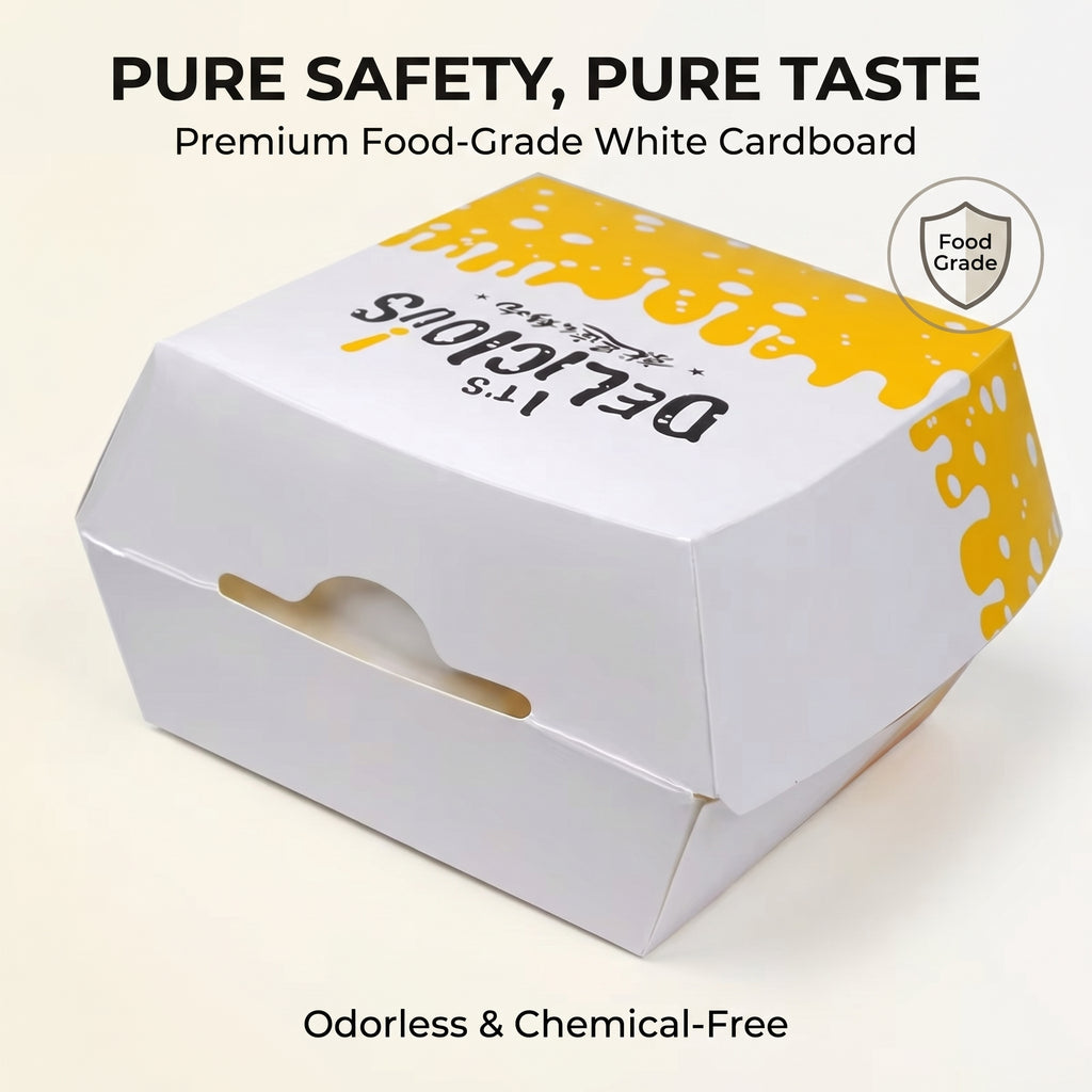 Eco-friendly Yongfa custom printed hamburger boxes with colorful burger illustrations, disposable paper takeaway containers for restaurants.