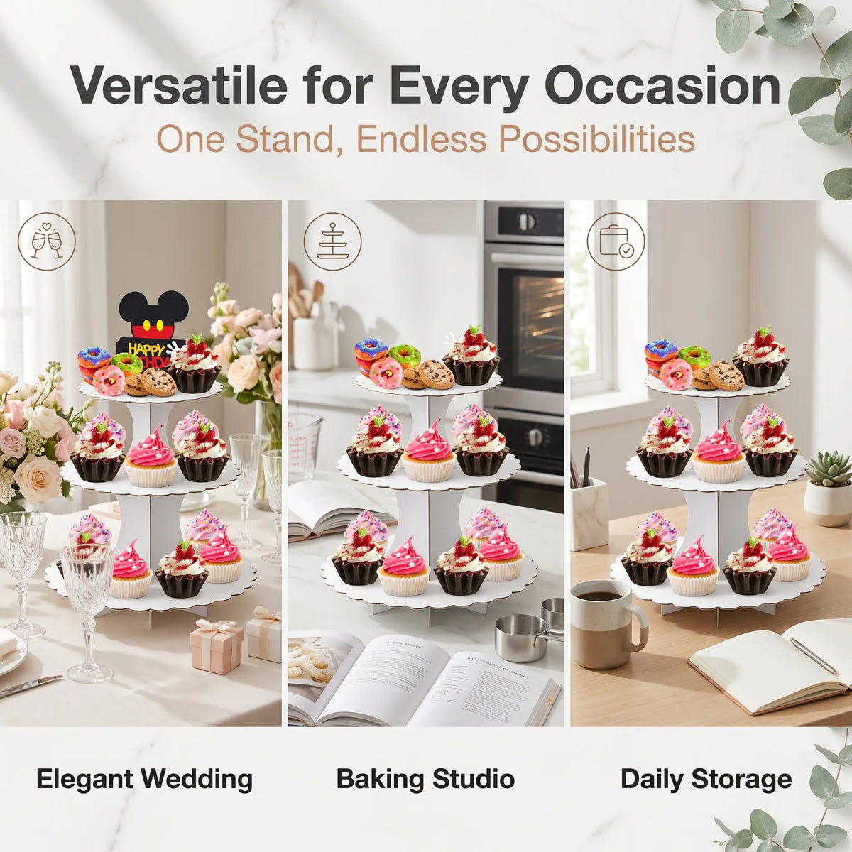 Versatile cardboard cupcake display for wedding, baking studio, and daily event storage