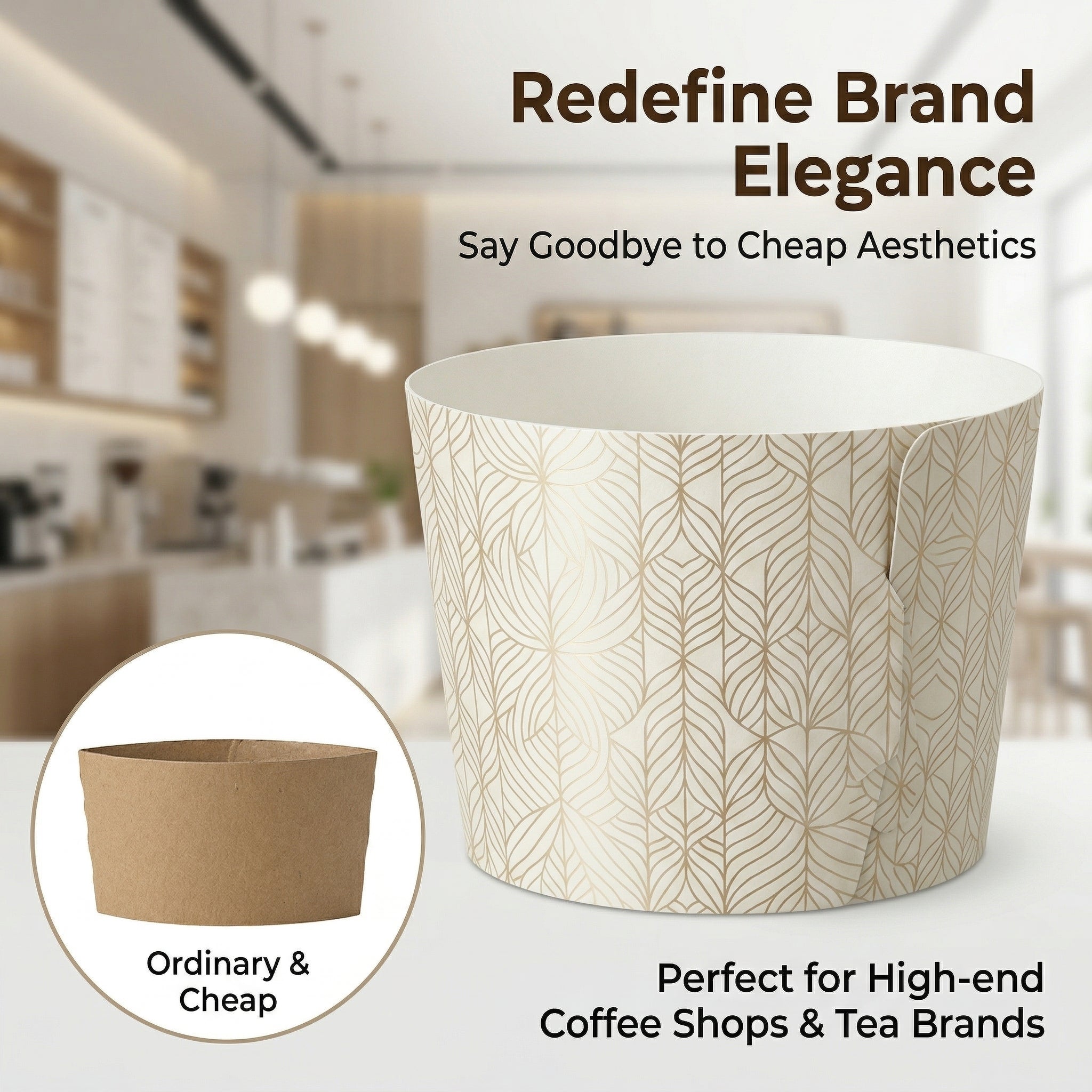 Full-color printed custom coffee cup sleeves with YongFa Packaging branding, showcasing vibrant branded cup jackets for hot beverages.