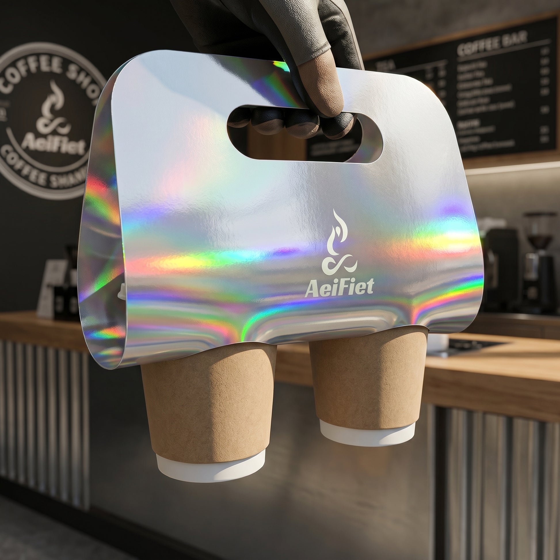 YongFa Packaging custom printed kraft paper double cup carrier with handle, designed for holding coffee cups securely for takeaway.