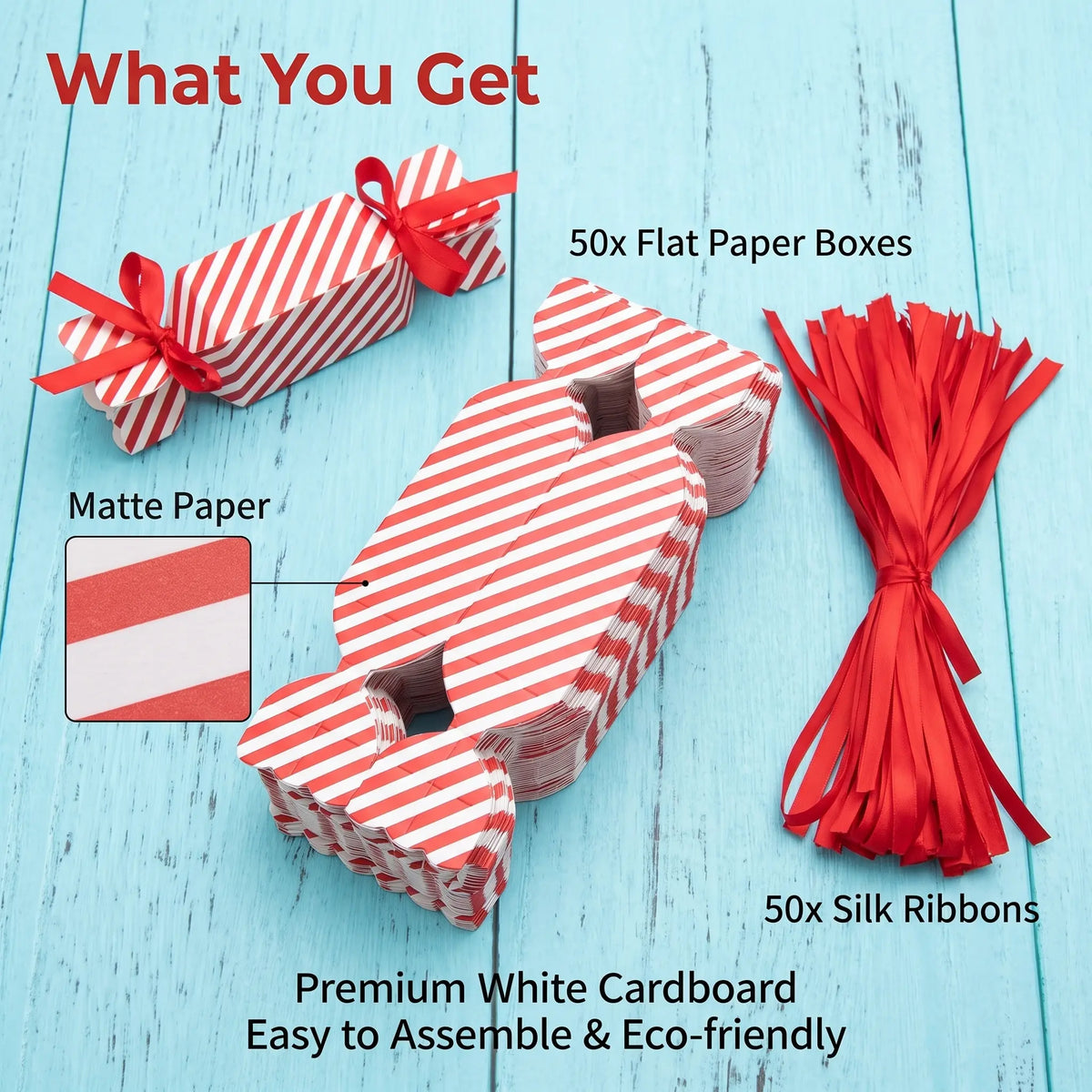Festive candy shaped paper favor box displayed on table with holiday decor and treat sachet