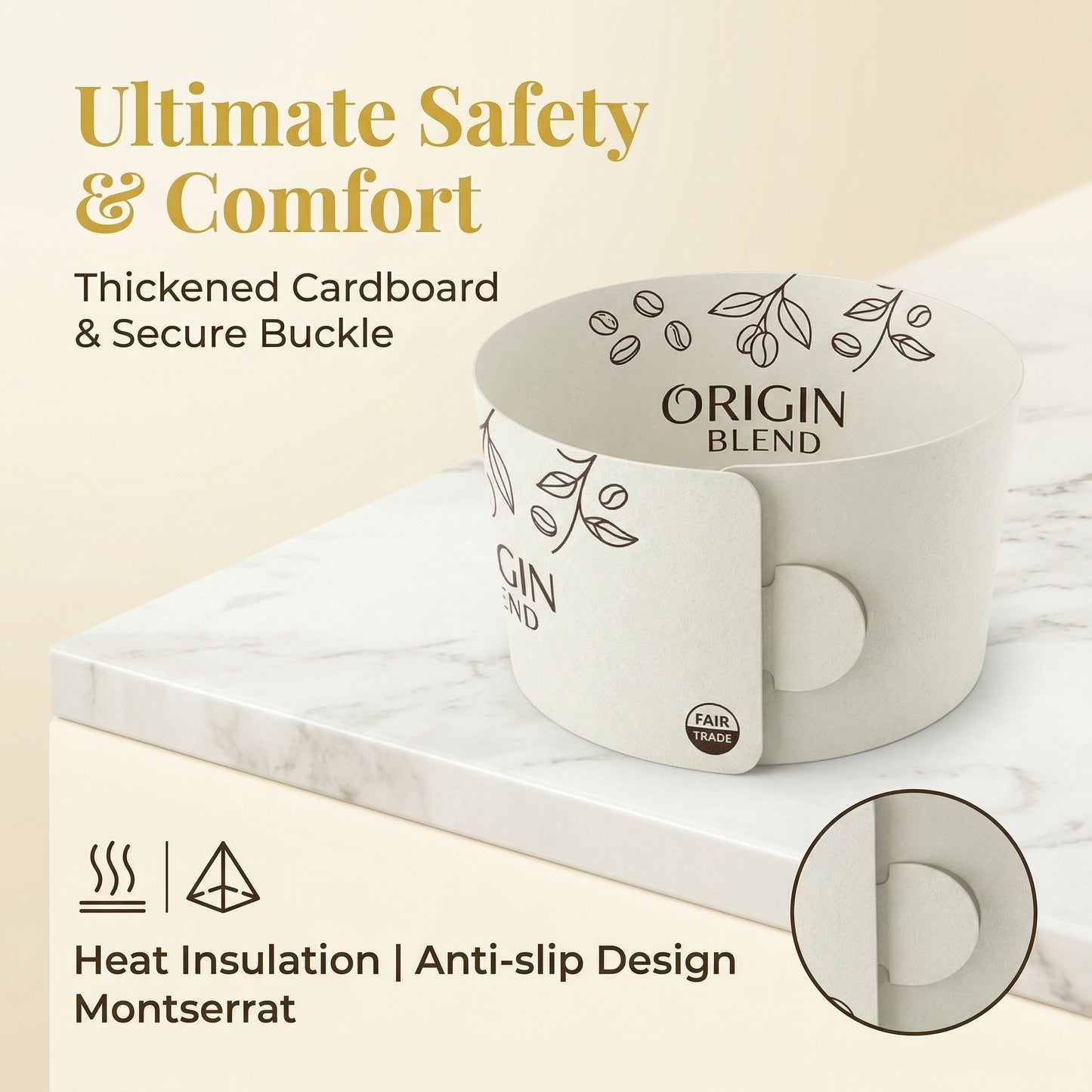 Full-color printed custom coffee cup sleeves featuring YongFa Packaging branding on branded cup jackets.