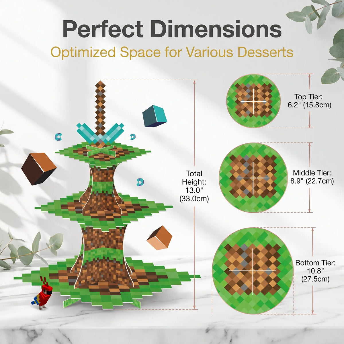 Dimensions of 3 tier paper cake stand: 13 inch height with 6.2, 8.9 and 10.8 inch tiers