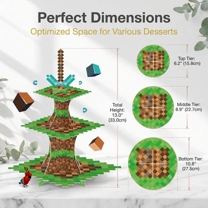 Dimensions of 3 tier paper cake stand: 13 inch height with 6.2, 8.9 and 10.8 inch tiers