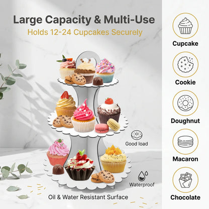 3-Tier Cardboard Cupcake Stand (Holds 12–24 Cupcakes) | Ready-to-Ship Dessert Tower