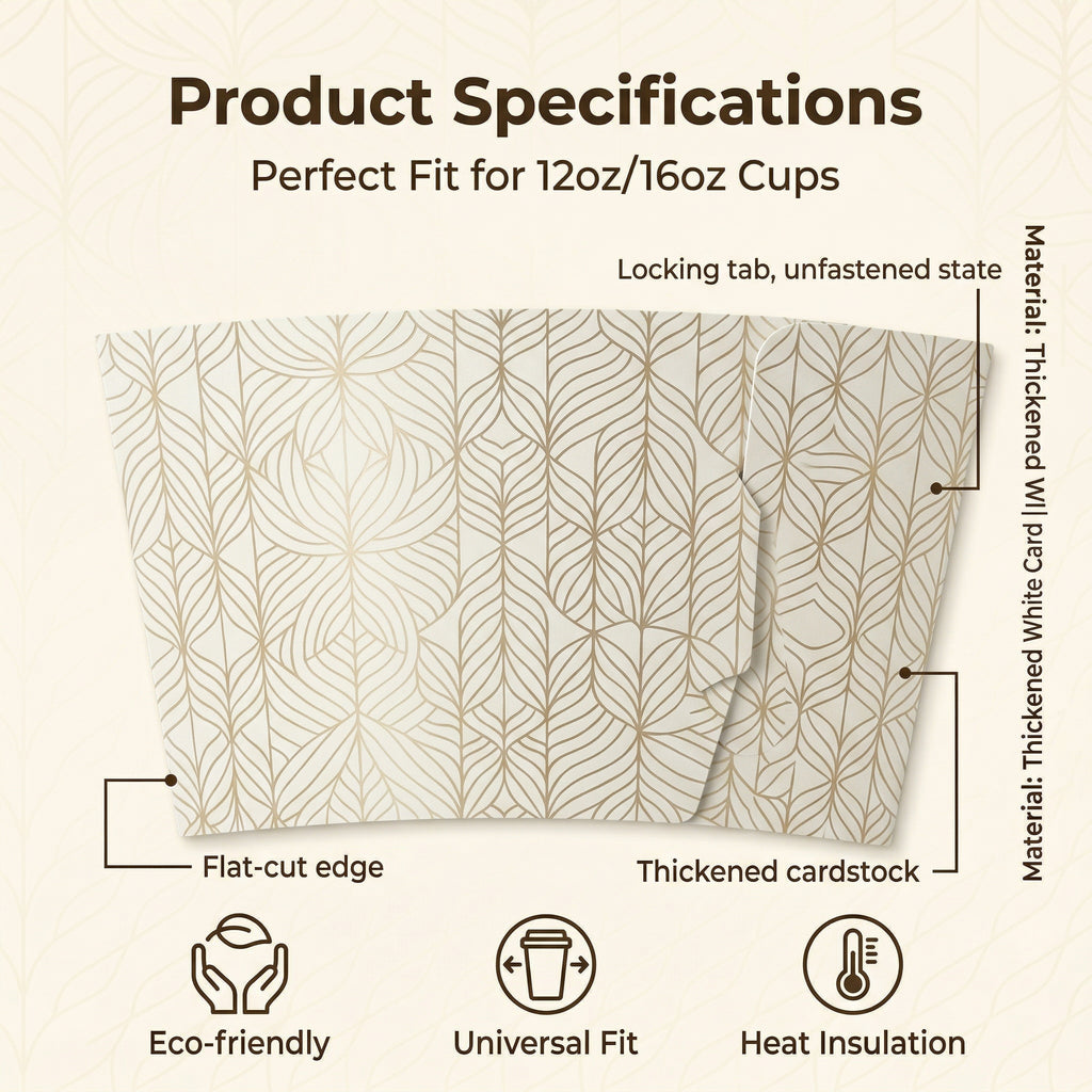 Full-color printed custom coffee cup sleeves with YongFa Packaging branding, showcasing vibrant branded cup jackets.