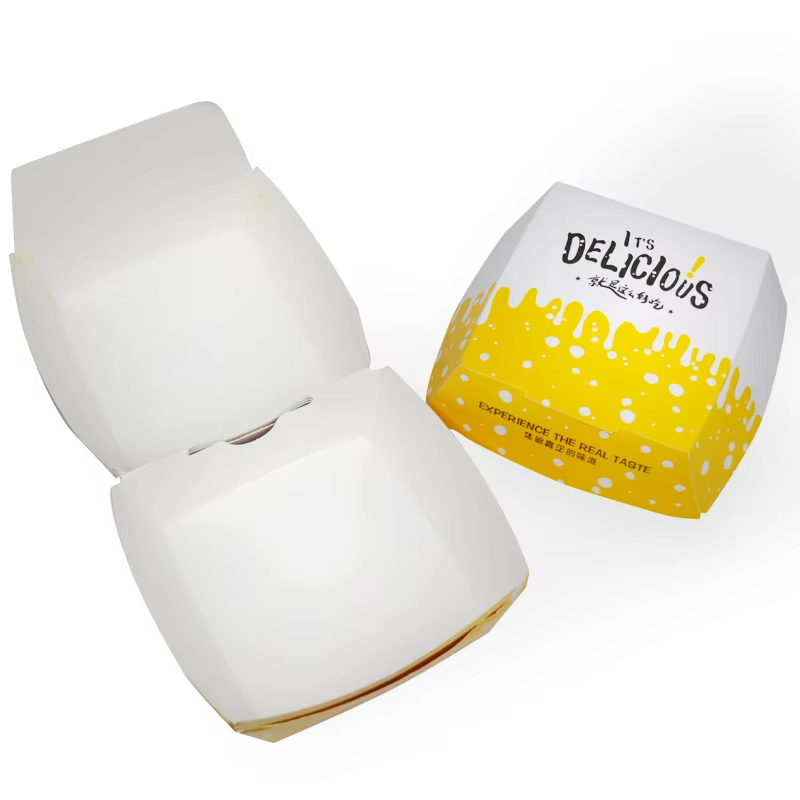 Eco-friendly Kraft burger boxes by Yongfa Packaging, grease-resistant compostable clamshell containers for wholesale in USA, UK, and Australia.
