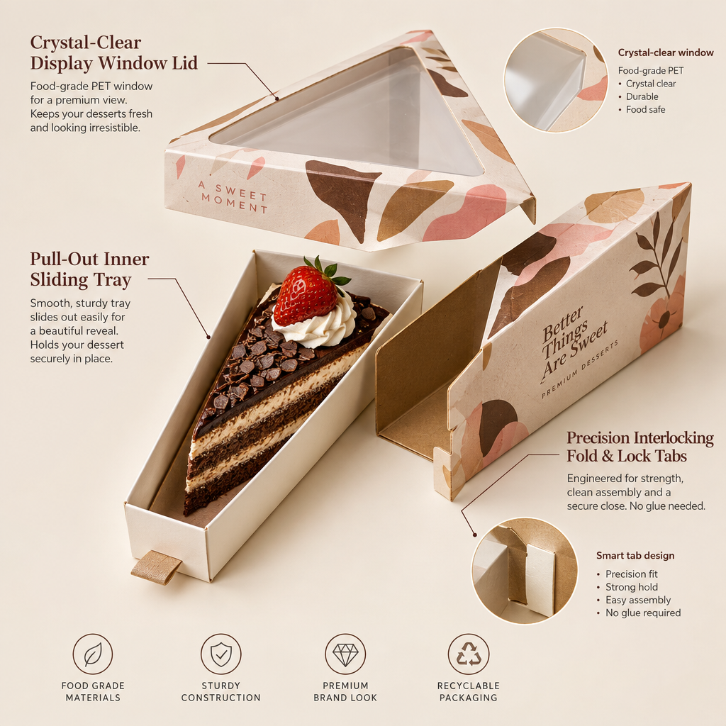 Custom triangle cake slice box structural diagram featuring clear display window, sliding inner tray, and interlocking fold lock