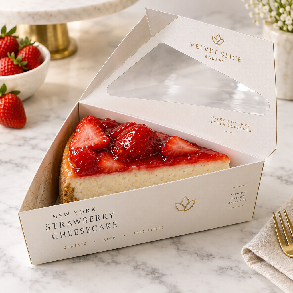Custom printed triangle cake slice box on bakery counter with strawberry cheesecake slice for cafes and bakeries