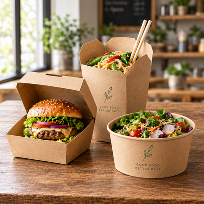 Custom kraft takeout boxes with logo printing holding fresh burgers and noodles for restaurant food delivery - YongFa Packaging