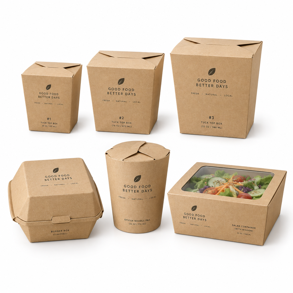 Wholesale custom kraft takeout containers in multiple sizes and shapes with custom logo printing options