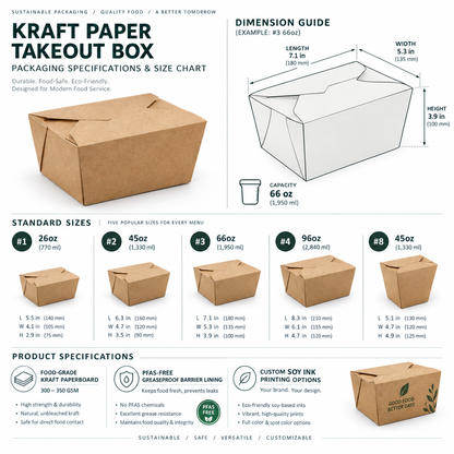 Custom kraft takeout boxes size chart and technical specifications for B2B wholesale ordering