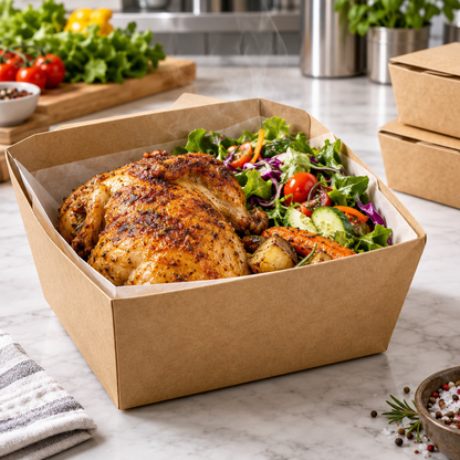 Food grade grease resistant kraft paperboard takeout box for hot food and catering packaging