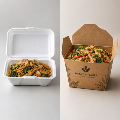 Comparison between cheap generic takeout packaging and professional custom branded kraft paper food boxes