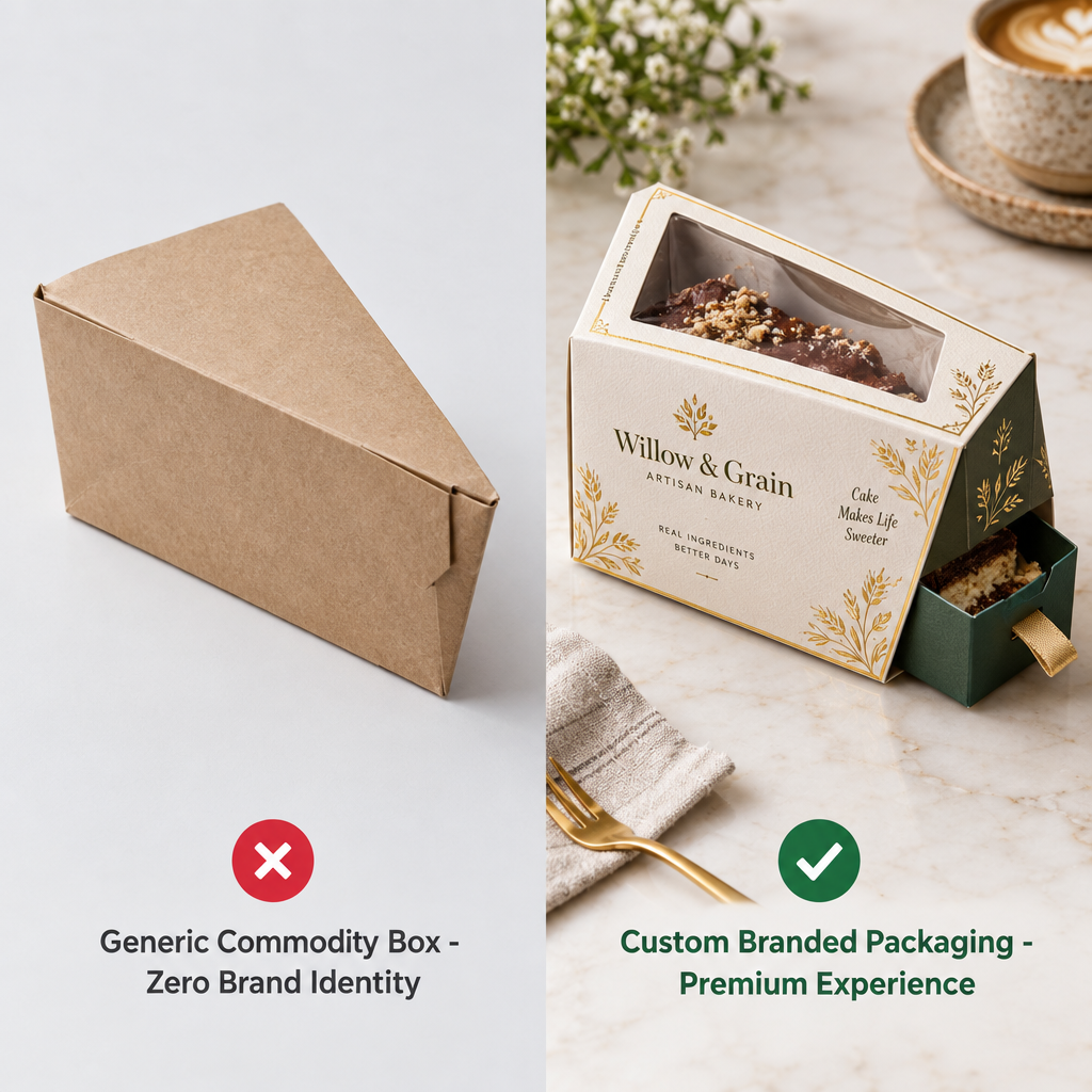 Comparison of generic unprinted commodity cake box versus custom printed bakery box with brand logo and unboxing experience