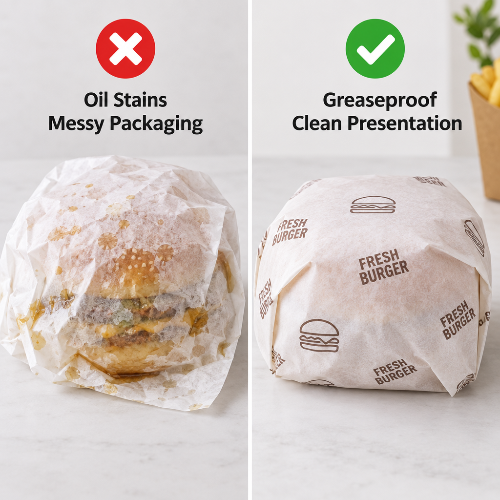 Comparison of a burger wrapped in plain paper with oil stains versus greaseproof deli wrap paper with clean presentation