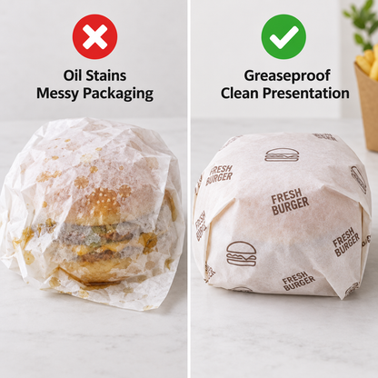 Comparison of a burger wrapped in plain paper with oil stains versus greaseproof deli wrap paper with clean presentation
