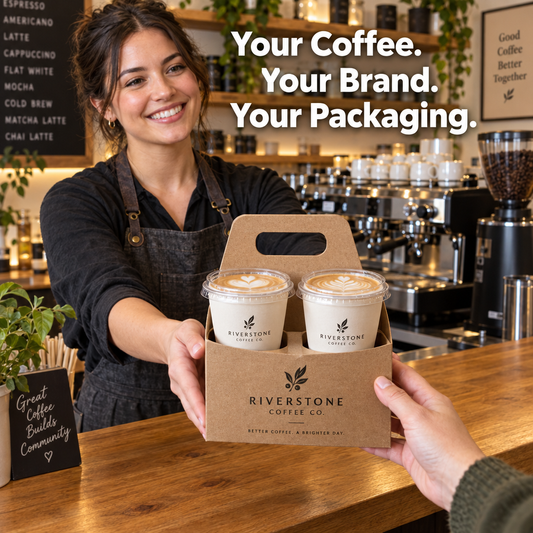 Barista handing custom printed kraft 2-cup coffee carrier across cafe counter