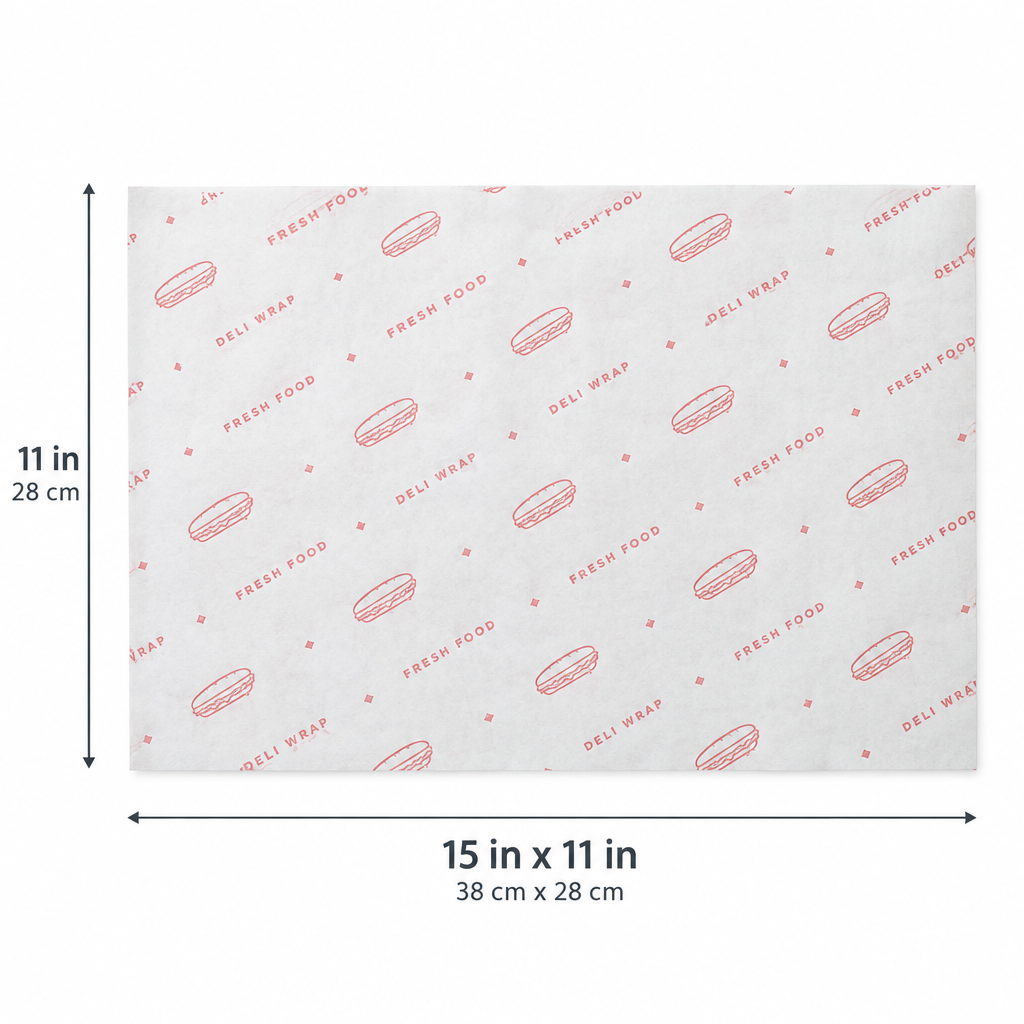 Deli wrap paper sheet dimensions 15 x 11 inches, 38 x 28 centimeters