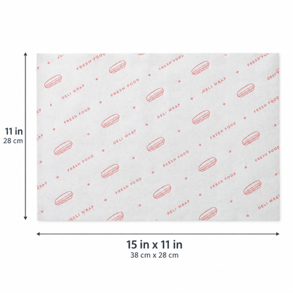 Deli wrap paper sheet dimensions 15 x 11 inches, 38 x 28 centimeters