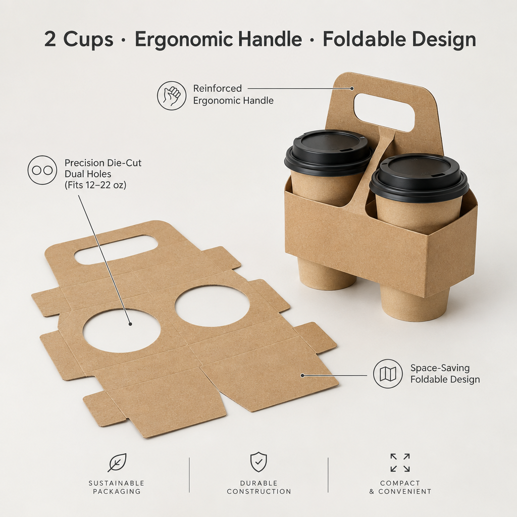 Double cup carrier technical specs: 2 cups, reinforced ergonomic handle, and flat-pack foldable design