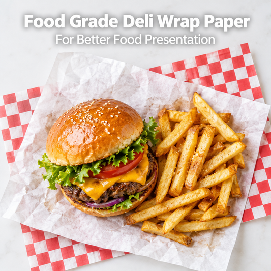 Food grade deli wrap paper used under a burger and fries for better food presentation