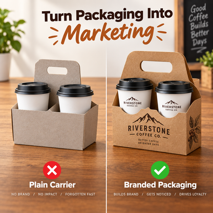 Comparison between plain generic drink holder and branded custom printed coffee cup carrier for cafes